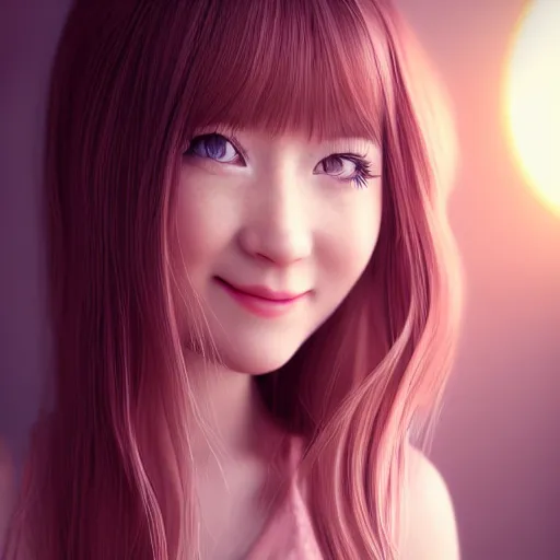 Image similar to beautiful intricate photograph of nikki from shining nikki dress - up game, a cute young woman, light pink hair, long hair with full bangs, full heart - shaped face, amber eye color, pale skin, light blush, chinese heritage,, smiling softly,, golden hour, soft focus, 8 k, hyperrealism, hyperdetailed