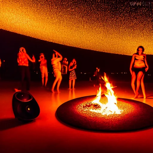 Prompt: dancefloor kismet, revellers, front left speaker, fire, night, the australian desert, zaha hadid, xf iq 4, 1 5 0 mp, 5 0 mm, f 1. 4, iso 2 0 0, 1 / 1 6 0 s, dawn, golden ratio, rule of thirds