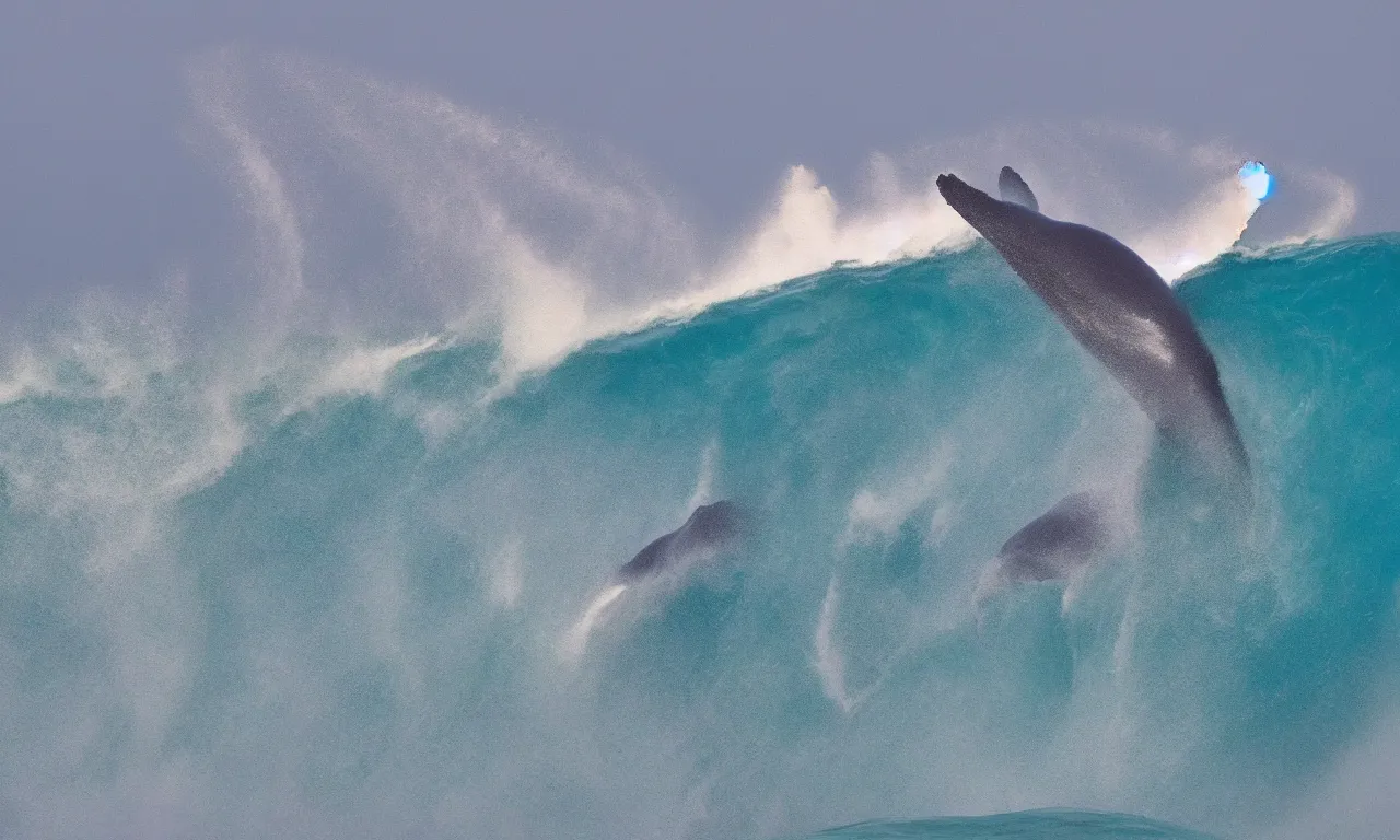 Image similar to dozens of gigantic whales surfing a big wave, photography by Hayden Richards, award winner, slow motion, refractions, summer, colored, nazare (portugal), 180mm, cinematic,