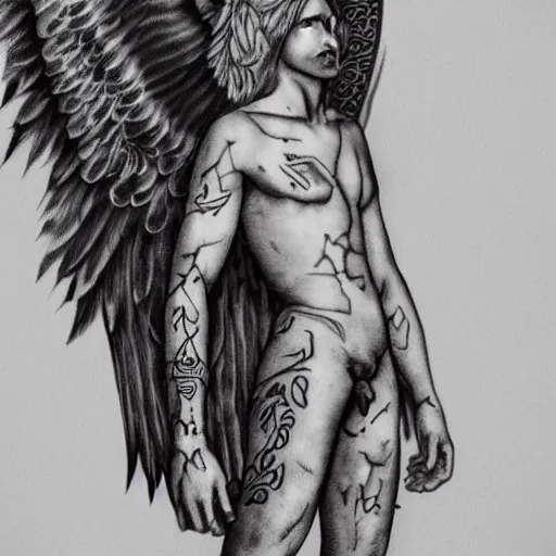 Image similar to beautiful androgynous fallen angel with tattoos on his body being cast from heavens, intricate, hd, high detailed, 4 k,