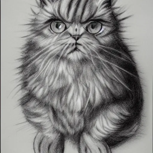 Image similar to extra fluffy Persian tabby cartoon cat standing on two feet, drawing by Don Bluth, pencil sketch with feathery lines