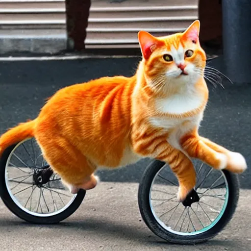 Image similar to orange tabby cat riding a unicycle