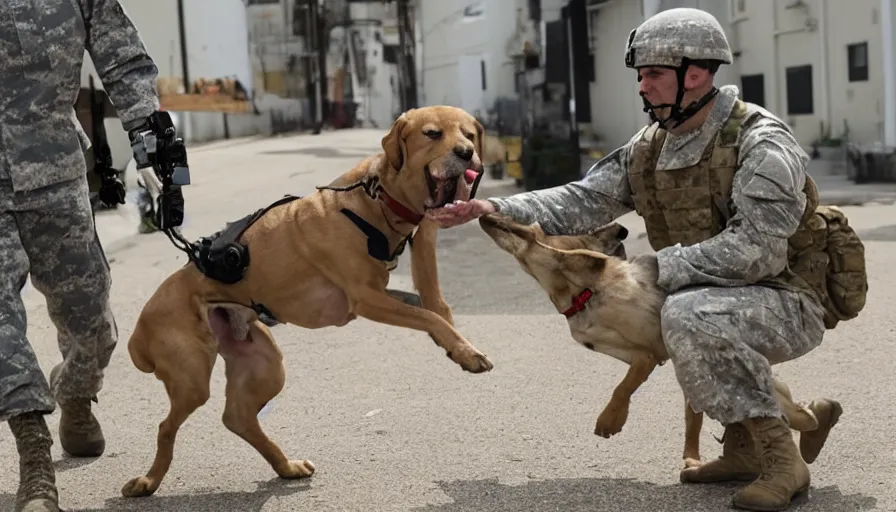 Image similar to a soldier sends a dog to attack a cyborg