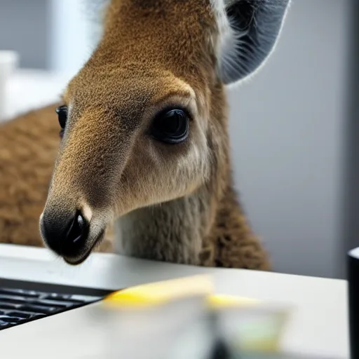 Prompt: A photo of a kangaroo in a business suit working in a corporate office, 4K, realistic
