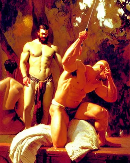 Prompt: muscular zeus watches closely as a handsome, attractive male doctor performs surgery on a patient, bright colors, painting by gaston bussiere, craig mullins, j. c. leyendecker