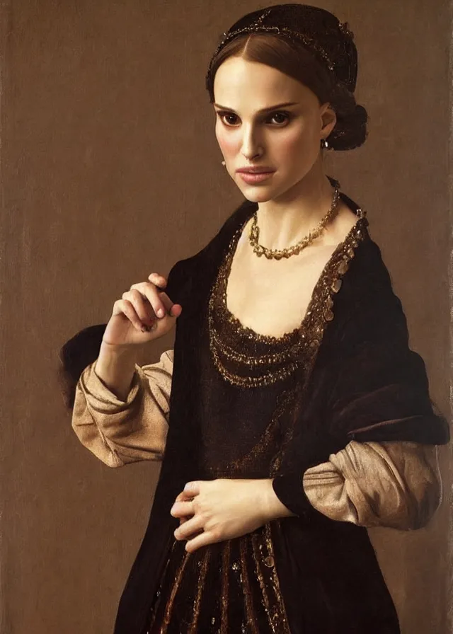 Image similar to a portrait of a Natalie Portman , beautiful clothes, oil painting in a renaissance style , very detailed, painted by Caravaggio.