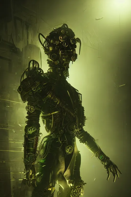 Prompt: movie villain, steampunk electronic superpower, cyperpunk, character design, radiating energy, mist, fog, photo realistic, octane render, unreal engine, hyper detailed, ultra realistic, volumetric lighting, glow in the dark, portrait, scifi, vulcanic green