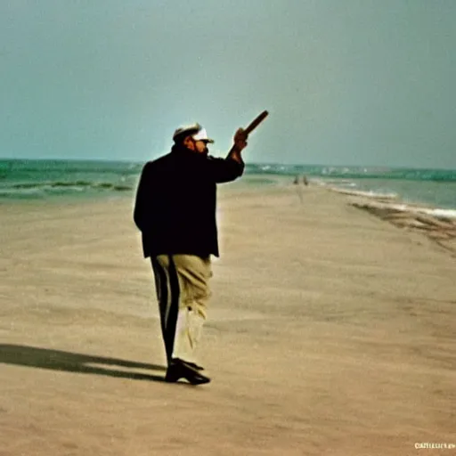 Image similar to a stunning photograph of Fidel Castro smoking a cigar and walking in the beach. There is a storm in the background. 1960s color photography. Award winning.