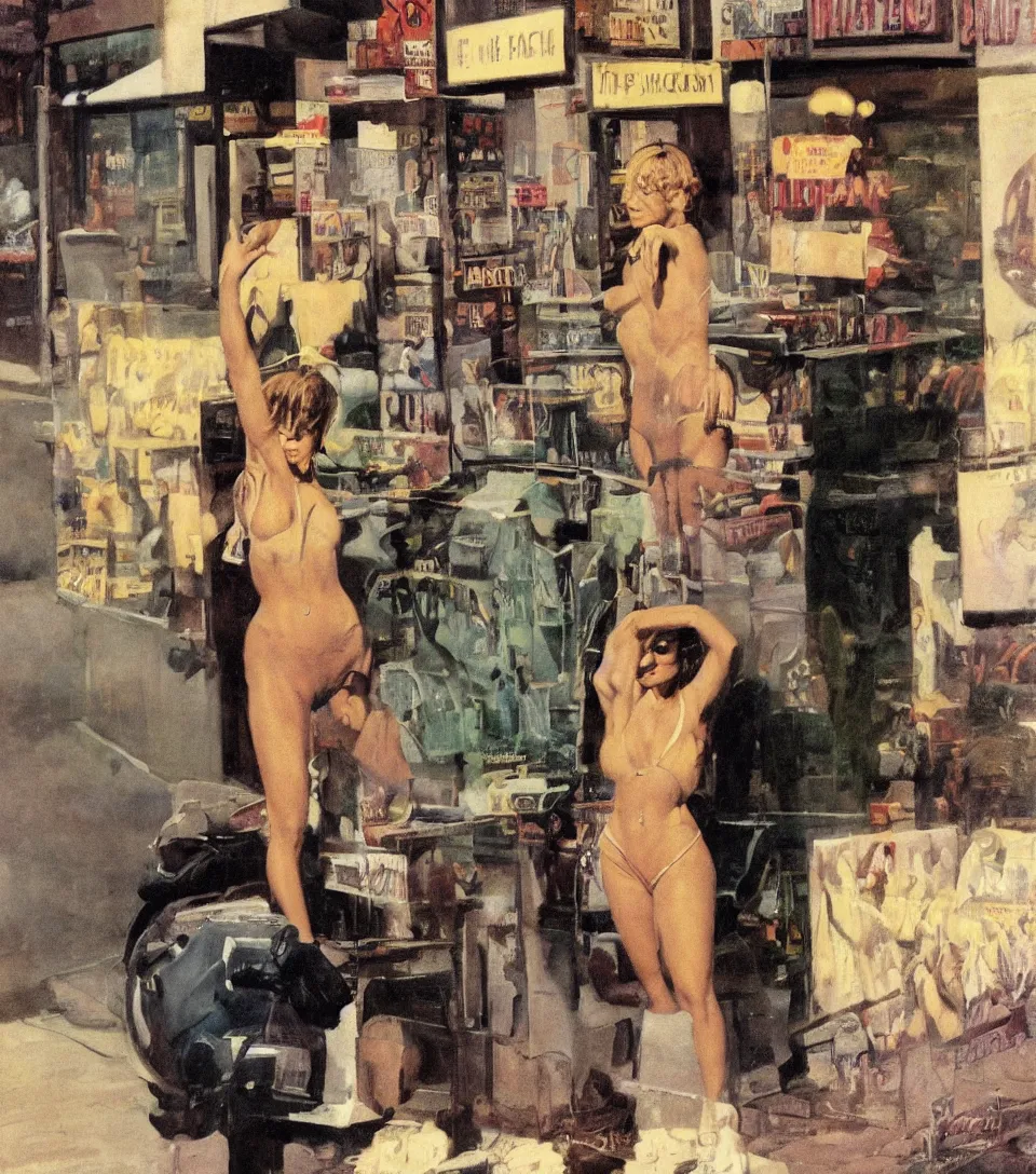 Prompt: standing portrait of ecstatic jlo looking into the camera standing smoking a cigarette, summer, warm street lights store front, 1 9 6 0 s technicolor, intricate, moody, personal, highly detailed, short focus depth, donato giancola, joseph christian leyendecker, frank frazetta, alex horley, ralph horsley, michael whelan, 2 0 0 mm focal length
