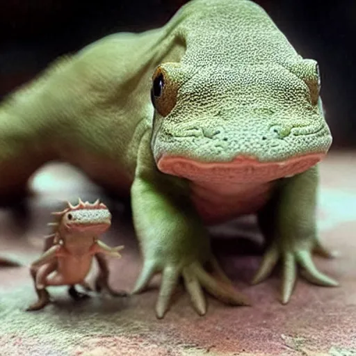 Image similar to a cute axolotl and dinosaur hybrid