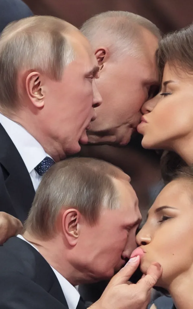 Prompt: vladimir putin kissing selensky with tongue, hyperrealistic