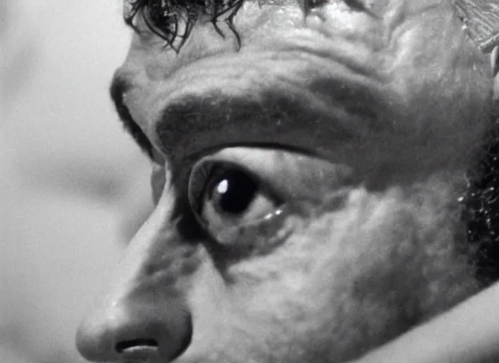 Image similar to a film still of jeff goldbloom from the movie the fly ( 1 9 8 6 ) with very large eyes, promotional photo,