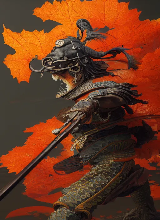 Image similar to koi themed samurai in autumn color kimono, subsurface scattering, by jesper ejsing, justin gerard, tomasz alen kopera, cgsociety and fenghua zhong, highly detailed, rim light, cinematic lighting, illustration, art, octane render, very coherent, cinematic, hyper realism, high detail, octane render, 8 k