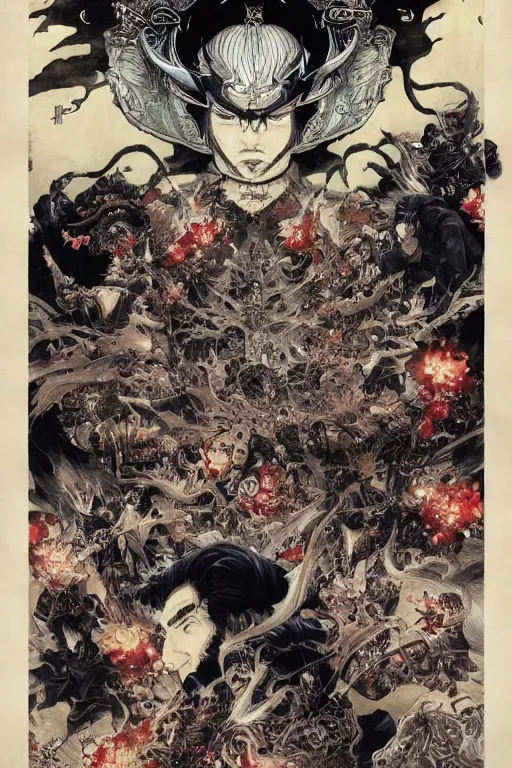 Image similar to 中 元 节, 中 国 鬼 节, king of hell, comic book page, symmetrical, by yoichi hatakenaka, masamune shirow, josan gonzales and dan mumford, ayami kojima, takato yamamoto, barclay shaw, karol bak, yukito kishiro