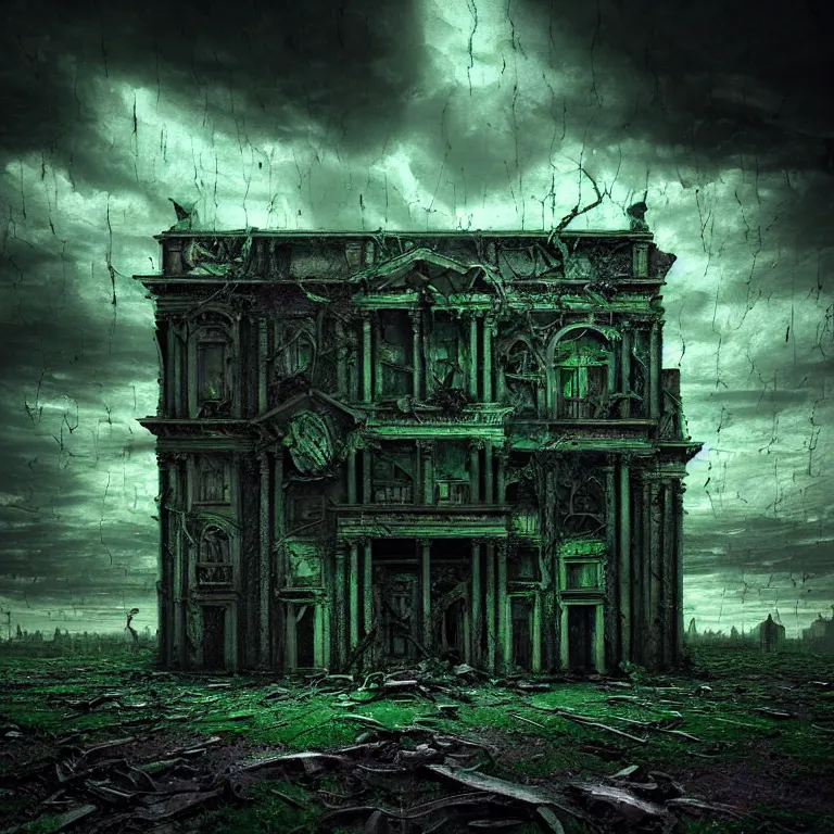 Image similar to surreal abandoned ribbed broken dripping pc monitor, dark clouds, dark green tint, surreal abandoned buildings, dream-like heavy atmosphere, baroque painting, beautiful detailed intricate insanely detailed octane render trending on Artstation, 8K artistic photography, photorealistic, dramatic volumetric cinematic perfect light, chiaroscuro, award-winning photograph, masterpiece, Raphael, Caravaggio, Beksinski, Giger