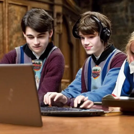 Image similar to Photo of student wizards using a computer in Hogwarts