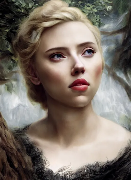 Prompt: Beautiful elsa, Looks like Scarlett Johansson, In the woods, Dramatic, Edge, Good, Infused, Backlight, De-Noise, VFX, insanely detailed and intricate, hypermaximalist, facial ,elegant, ornate, hyper realistic, super detailed, by Anthony Van Dyck, by Ivan Shishkin, by John Constable
