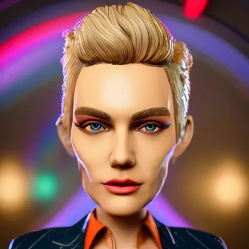 Image similar to cartoon portrait made out of rain, pinstripe suit, short blond hair, galactic background, rendered in octane, unreal engine, highly detailed, trending on artstation, realistic, splashes of neon, beautiful