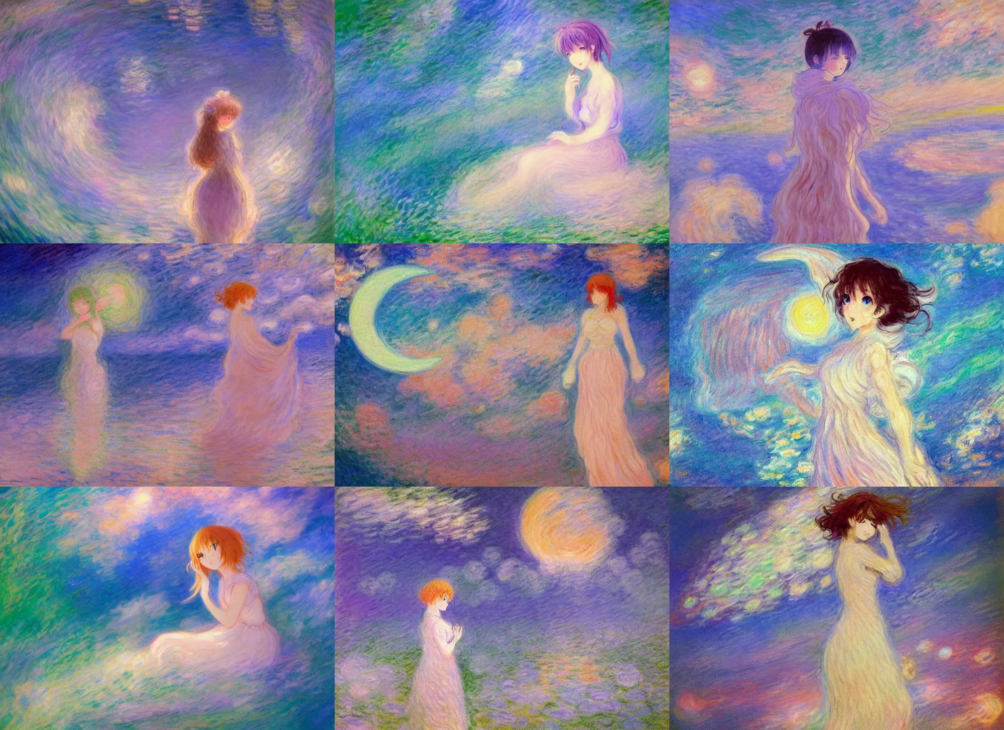 Prompt: retro anime girl, glowing angelic being, crescent moon with swirling clouds, impressionist painting, claude monet, pale pastel colours, dreamy hazy