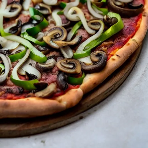 Image similar to a pizza topped with liver, onions, green peppers, anchovies, mushrooms