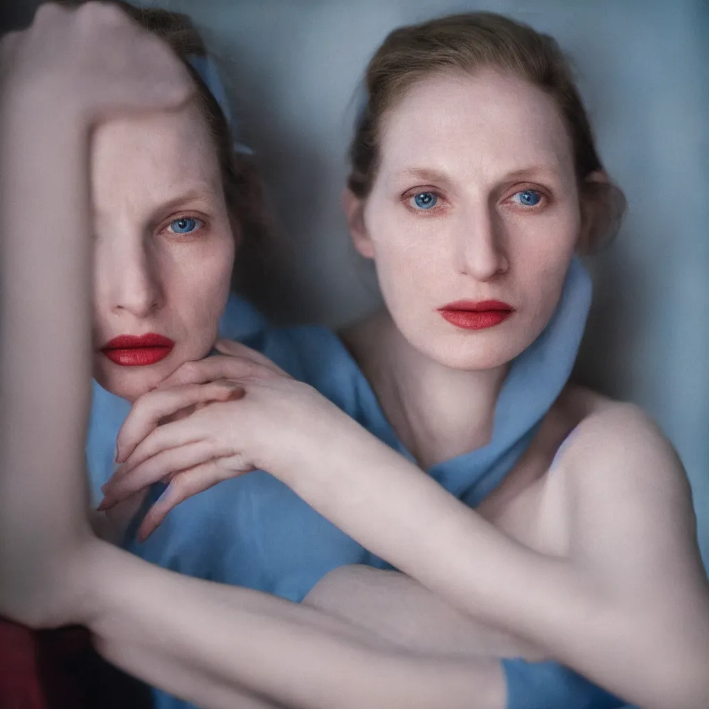 Image similar to close up portrait of a pale woman, photograph, blue and red studio light, sharp, detailed face, gaze, editorial model, annie leibovitz, steve mccurry, 1 0 5 mm, at the restaurant at the end of the universe, 8 k