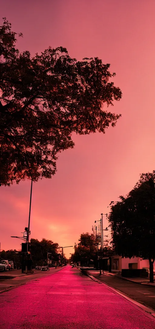 Image similar to a street photograph, pink sunset, dramatic lighting