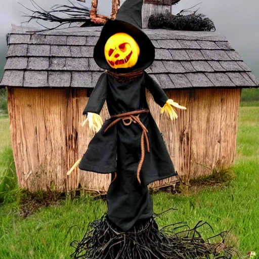 Prompt: Dark and Gloomy Witch house, scarecrow standing beside house, in style of Anne Stokes