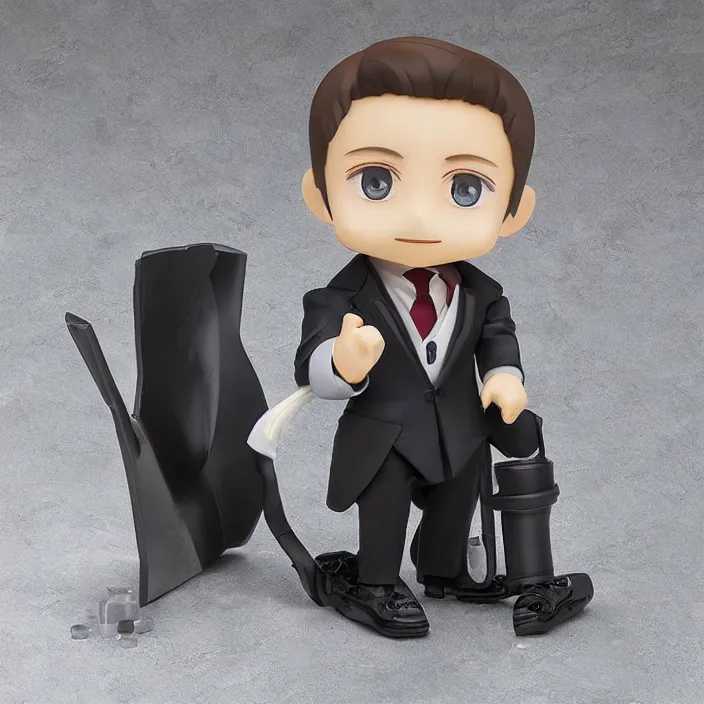 Image similar to a anime nendoroid of elon musk wear giorgio armani suits and black shoe, car tesla 3, figurine, smile, product photo, detailed