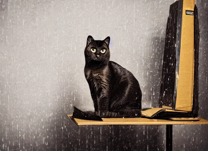 Image similar to photography of a Cat sitting on a box. in a room full of posters, photorealistic, raining award winning photo, 100mm, sharp, high res