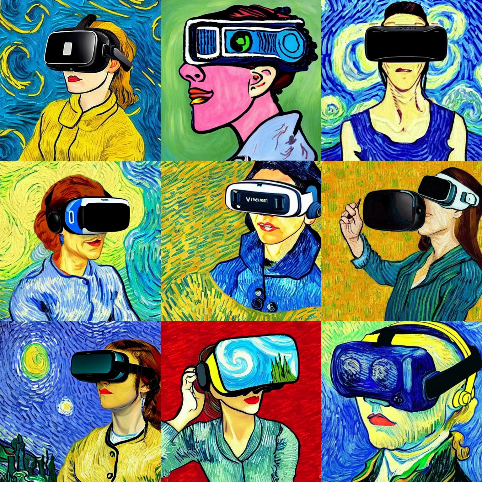 Prompt: female wearing vr headset in the style of Van Gogh