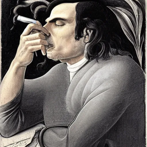 Image similar to sketch of jair bolsonaro taking a vape by sandro botticelli in 4 k ultra high resolution, with inspiring feeling