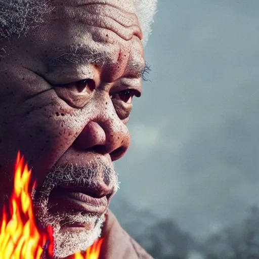 Image similar to cinematic film still of Morgan Freeman starring as a Samurai holding fire, Japanese CGI, VFX, 2022, 40mm lens, shallow depth of field, film photography