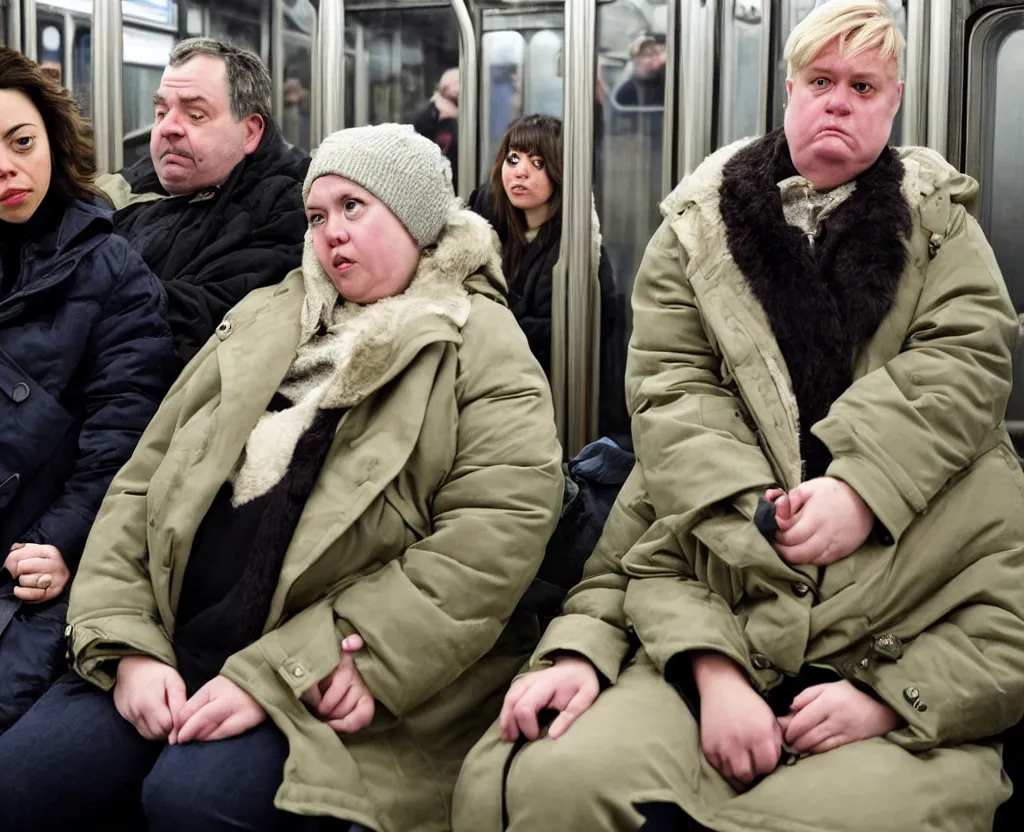 Image similar to a sad woman in a parka who looks like a cross between Chloe Sevigney and Aubrey Plaza, sits next to a slightly overweight friendly middle-aged German businessman, with short blond hair and a mustache, in a Chicago subway train, medium shot from a 3/4 angle, showing full figures, drawn in the style of Daniel Clowes and Adrian Tomine and Gabrielle Bell