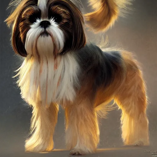 Image similar to Shih Tzu charging up to change into its final form, detailed, centered, digital painting, artstation, concept art, donato giancola, Joseph Christian Leyendecker, WLOP, Boris Vallejo, Breathtaking, 8k resolution, extremely detailed, beautiful, establishing shot, artistic, hyperrealistic, beautiful face, octane render, cinematic lighting, dramatic lighting, masterpiece