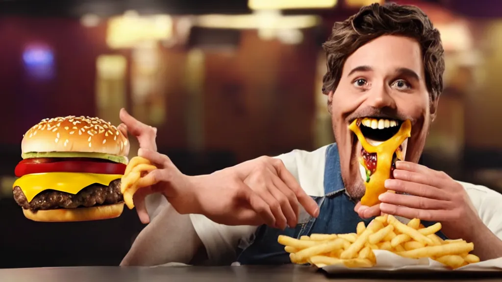 Image similar to the strange creature eats a cheeseburger, at the fast food restaurant, television commercial, studio lighting, extremely professional
