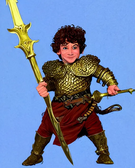 Prompt: beverly toegold the fifth, epic level dnd male halfling nature verdant paladin, wielding the golden holy avenger sword, wearing magical gleaming chainmail armor. full character concept art, realistic, high detail digital gouache painting by angus mcbride and michael whelan and jeffrey jones