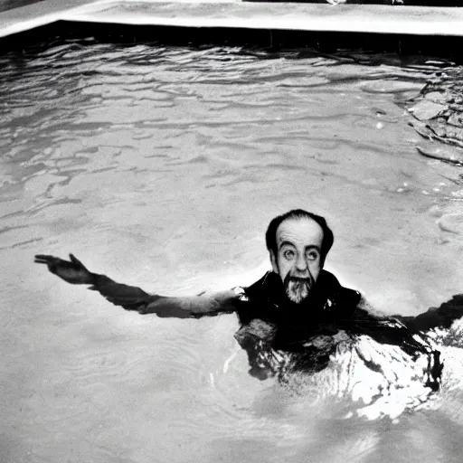 Image similar to george carlin swimming in a pool, photography, silly,