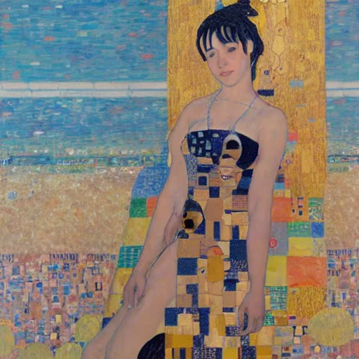 Prompt: Tifa at the beach, fullbody in the style of Gustav klimt!!!!!!!!!!