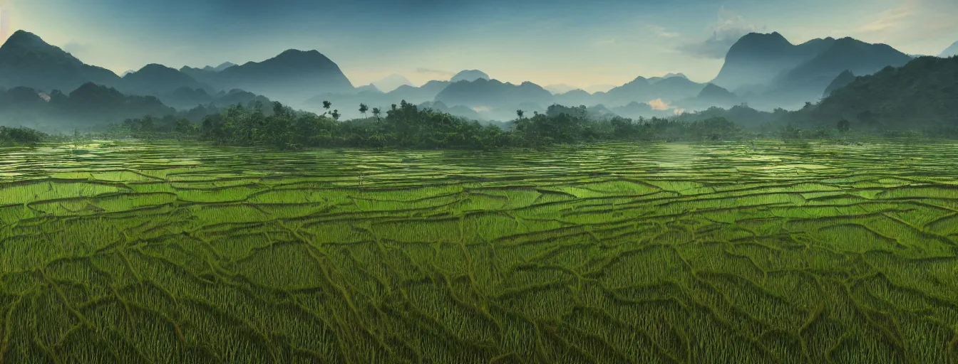 Image similar to Photo of paddy field of Yan, with several village and gunung jerai mountain at the background, wide angle, volumetric light, hyperdetailed, light water, artstation, cgsociety, 8k