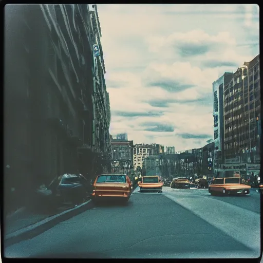 Image similar to instant photograph of a city in 1979, polaroid, raw, light leak, clouds