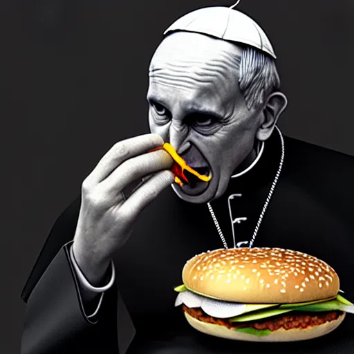 Prompt: Portrait of The Pope eating a big mac, anger, mystery, fear, highly detailed, ominous vibe, smoke, octane render, cgsociety, artstation, trending on ArtStation, by Marie Magny