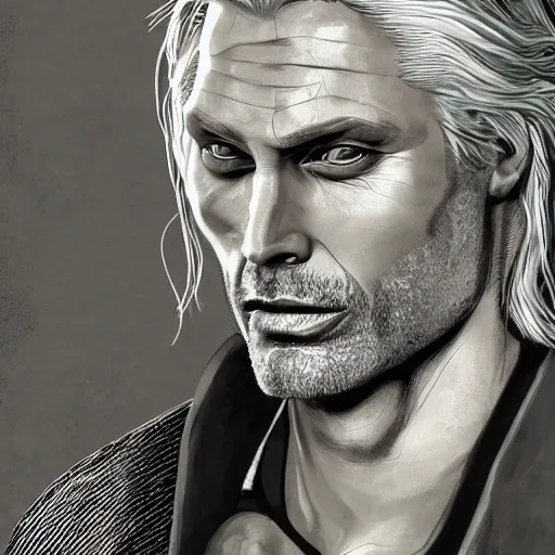 Image similar to mads mikkelsen as geralt from the witcher, portait art, detailed and accurate face