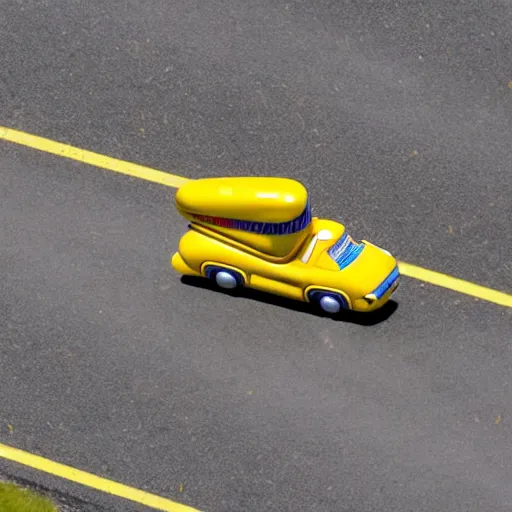 Image similar to a helicopter shot of the Oscar Meyer wienermobile in a high-speed police chase