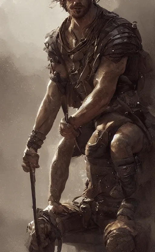 Image similar to Portrait of a rugged ranger sitting down, male, muscular, straight nose!!!, detailed face, thighs!!!, simple clothing!!!!!, fantasy, medieval, highly detailed, cinematic lighting, digital art painting by greg rutkowski