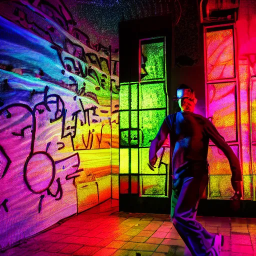 Image similar to a man dancing the night away, berlin techno club, lsd trip, portrait, 4 k photograph, 8 k photograph, professional photography, trippy art