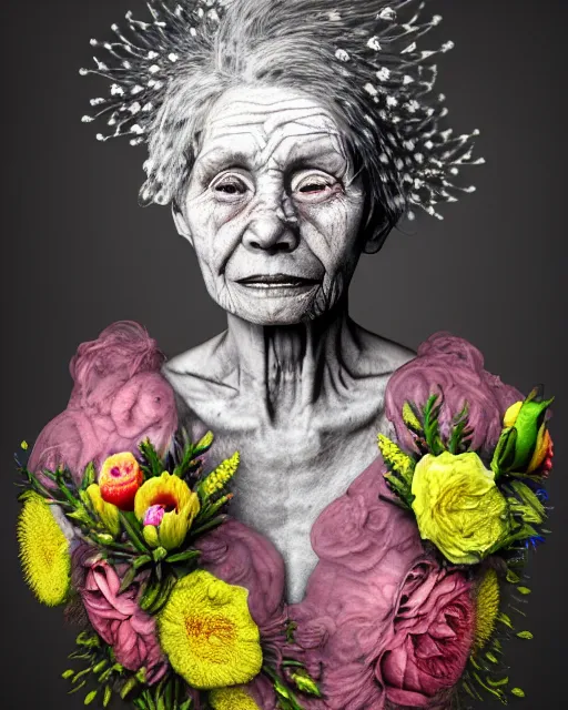 Prompt: a portrait of a beautiful fleshy old woman who is surprised she is still alive, covered in flowers in the style of guiseppe arcimboldo and james jean, covered in wispy gray hair with a hint of neon, hd 3 d, 8 k