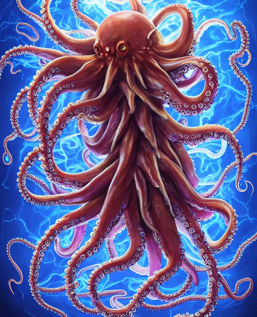 Image similar to close-up portrait of an octopus in a twisted flowers jellyfish mask in a spaceman suit surrounded by energy flow, epic angle and pose, symmetrical artwork, 3d with depth of field, blurred background, floating jellyfish skull phoenix bird, translucent, nautilus, energy flows of water and fire. a highly detailed epic cinematic concept art CG render. made in Maya, Blender and Photoshop, octane render, excellent composition, cinematic dystopian brutalist atmosphere, dynamic dramatic cinematic lighting, aesthetic, very inspirational, arthouse. y Greg Rutkowski, Ilya Kuvshinov, WLOP, Stanley Artger Lau, Ruan Jia and Fenghua Zhong