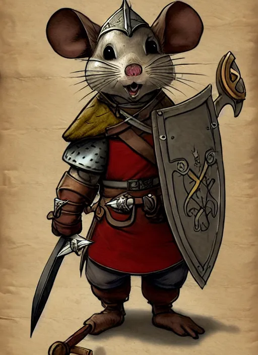 Image similar to a heroic mouse knight with sword and shield on a parchment background, redwall, greg rutowski and jean baptiste monge, detailed, epic fantasy concept art, full body