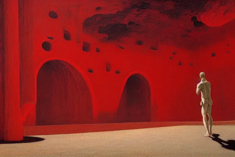 Image similar to only with red, a red melted emperor, taormina amphitheatre, crowd hails him, in the style of beksinski, parts by edward hopper, parts by rodcenko, parts by yue minjun, intricate and epic composition, red by caravaggio, insanely quality, highly detailed, masterpiece, red light, artstation, 4 k