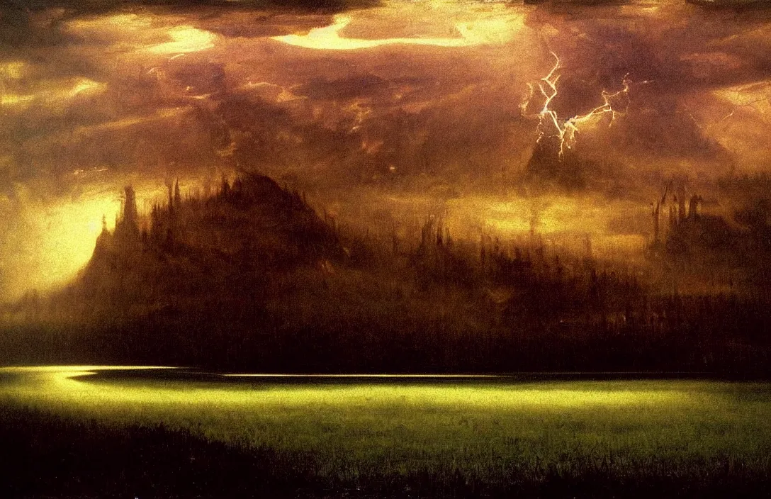 Prompt: the curve of a line can convey energy queen of heaven painting by albert bierstadt intact flawless ambrotype from 4 k criterion collection remastered cinematography gory horror film, ominous lighting, evil theme wow photo realistic postprocessing rising up out of marshes divisionism painting by caspar david frederich